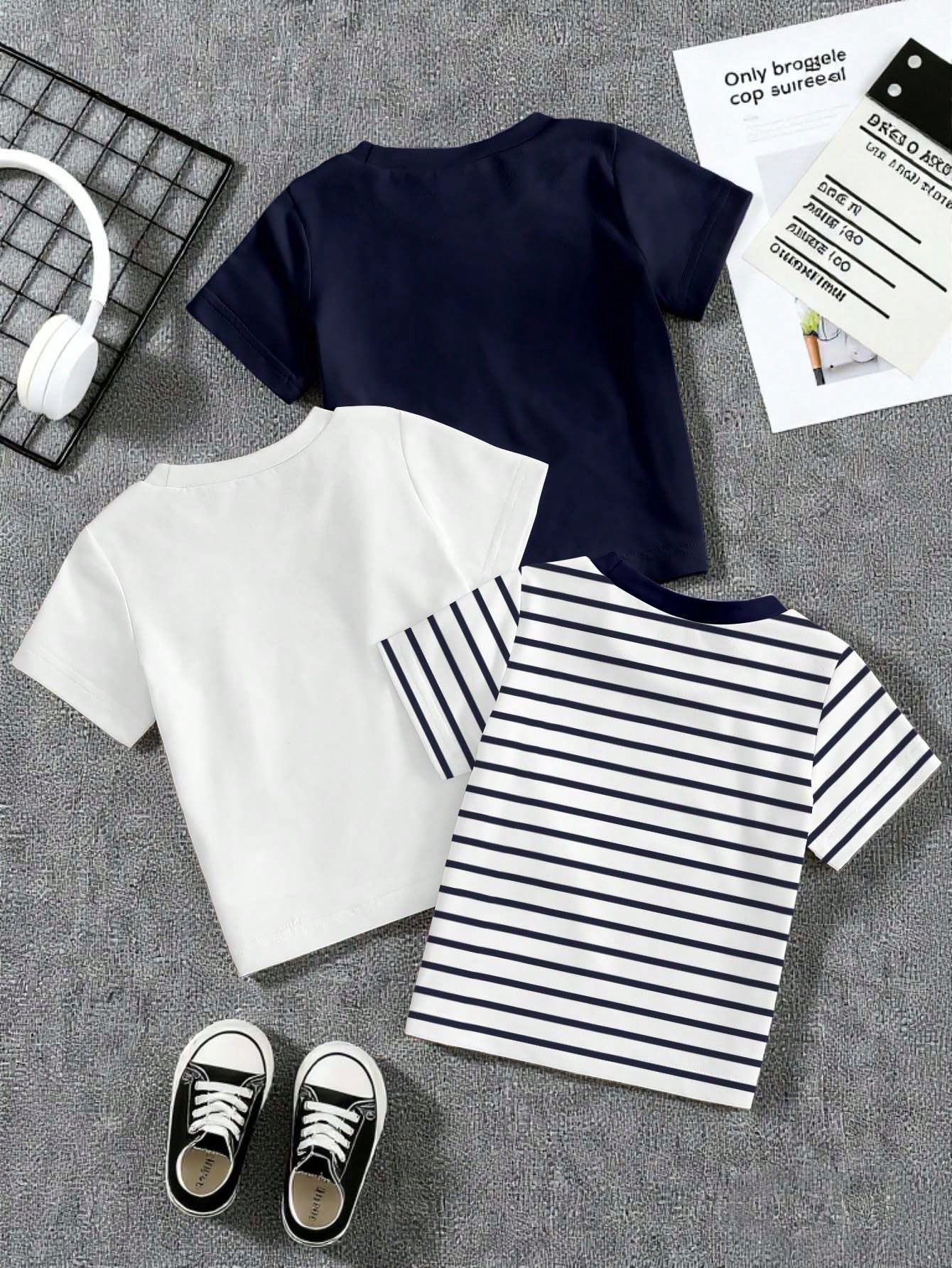 2 Random Pcs Baby Boys New Fashion Comfortable Minimalist Striped Print Short Sleeve, Design Logo Print Top, Spring/Summer Style, Summer Style