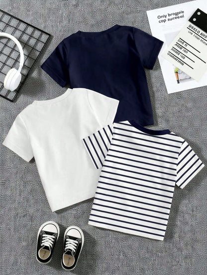 2 Random Pcs Baby Boys New Fashion Comfortable Minimalist Striped Print Short Sleeve, Design Logo Print Top, Spring/Summer Style, Summer Style
