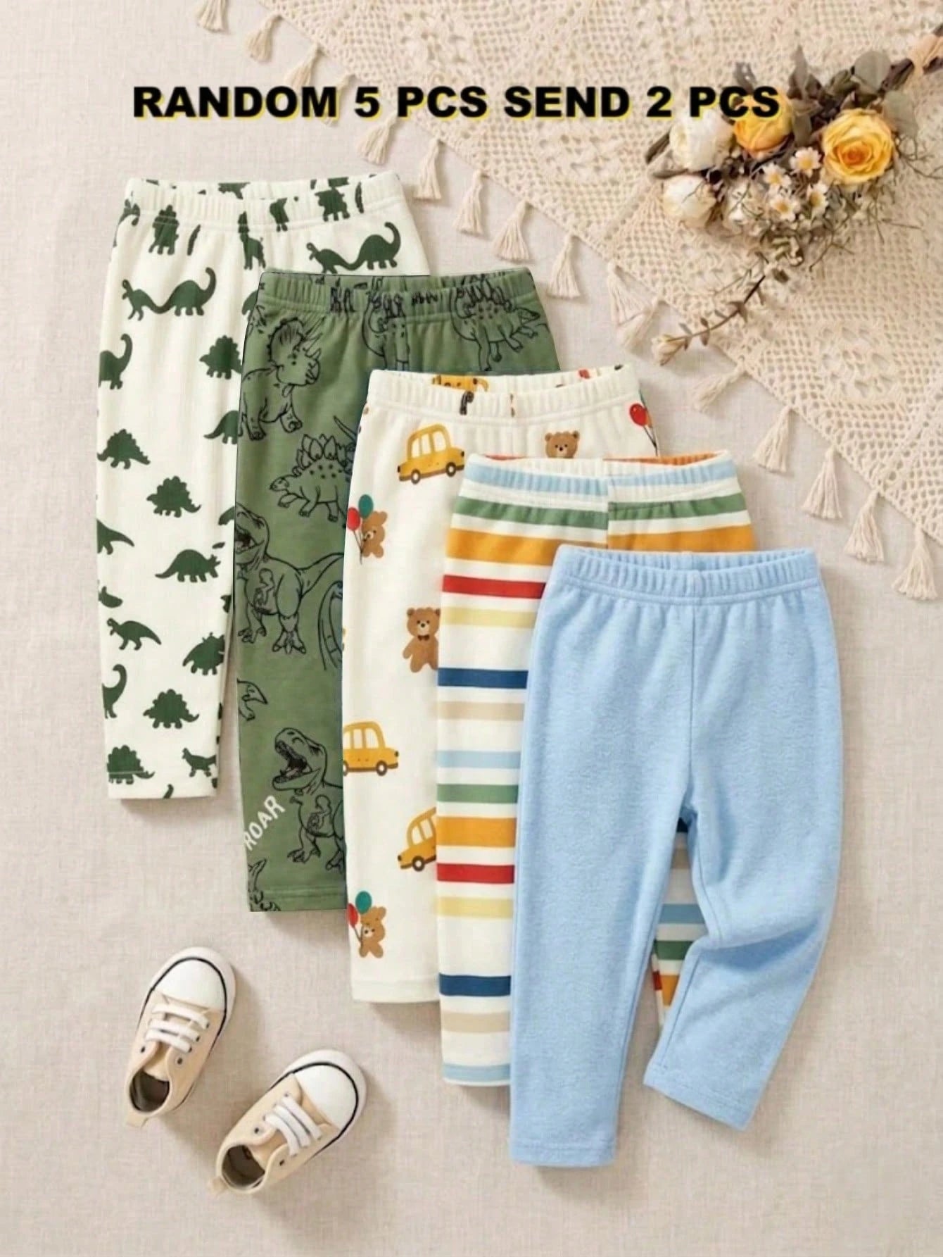 2 Random Pieces, Baby Boy Dinosaur Bear Print Striped Slim Fit Long Pants Casual Elastic Waist Back To School Baby Pink Autumn Bottoms Outfits