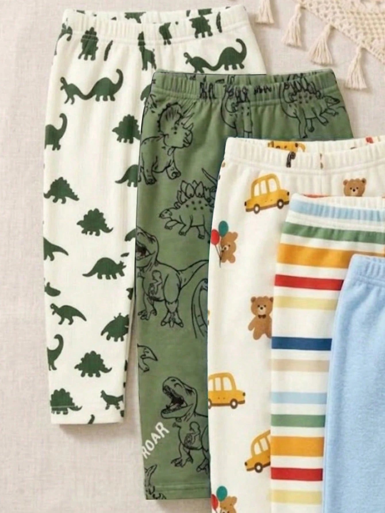2 Random Pieces, Baby Boy Dinosaur Bear Print Striped Slim Fit Long Pants Casual Elastic Waist Back To School Baby Pink Autumn Bottoms Outfits