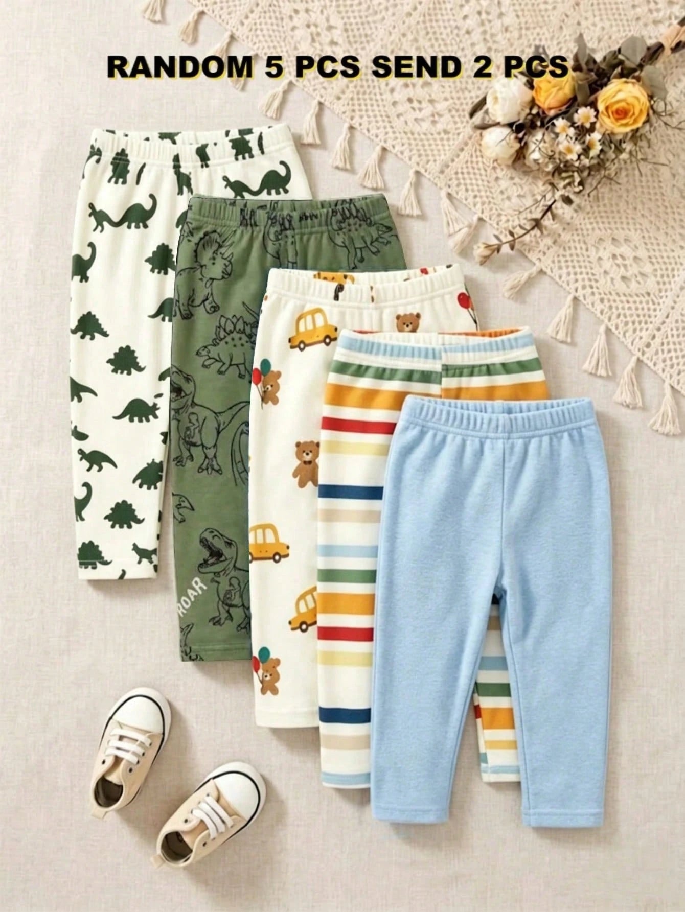 2 Random Pieces, Baby Boy Dinosaur Bear Print Striped Slim Fit Long Pants Casual Elastic Waist Back To School Baby Pink Autumn Bottoms Outfits