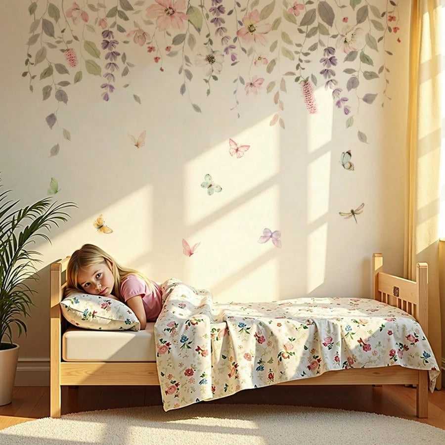 2 Sheets/Set Watercolor Flowers Green Leaves Vines Plants Wall Stickers For Children's Room Decor/Pink Girl's Room Decor/Nursery Decor/ Bathroom Decor