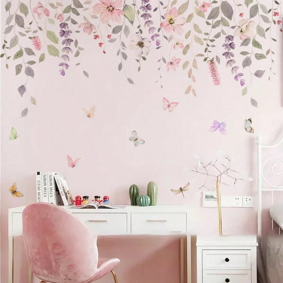 2 Sheets/Set Watercolor Flowers Green Leaves Vines Plants Wall Stickers For Children's Room Decor/Pink Girl's Room Decor/Nursery Decor/ Bathroom Decor
