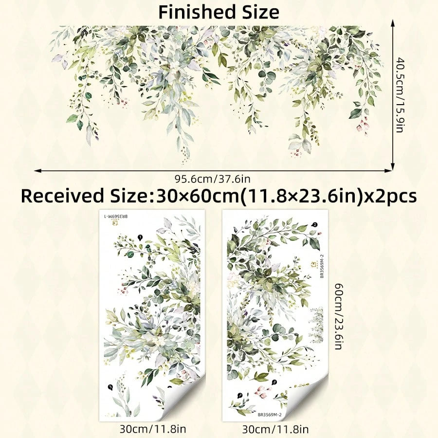 2 Sheets/Set Watercolor Flowers Green Leaves Vines Plants Wall Stickers For Children's Room Decor/Pink Girl's Room Decor/Nursery Decor/ Bathroom Decor