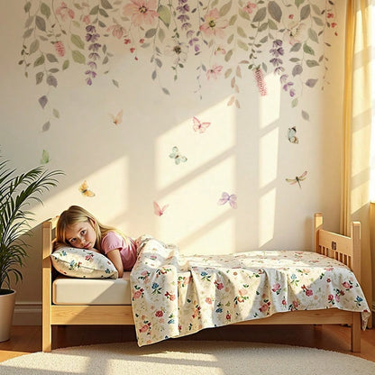 2 Sheets/Set Watercolor Flowers Green Leaves Vines Plants Wall Stickers For Children's Room Decor/Pink Girl's Room Decor/Nursery Decor/ Bathroom Decor