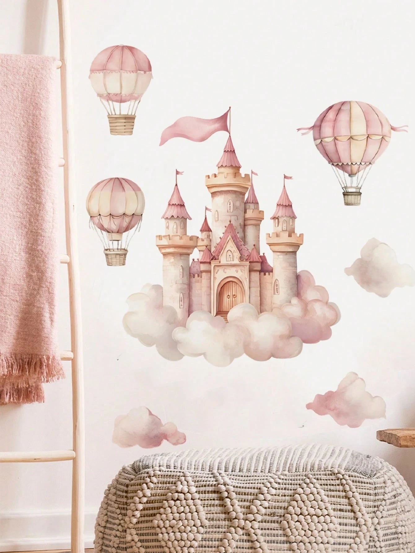 2 Styles Castle Rabbit Rainbow Cloud Wall Stickers, Removable Self-Adhesive Wall Decor, Home Decoration, Girls Nursery Bedroom Baby Shower Decoration