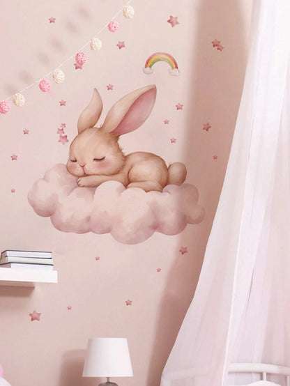 2 Styles Castle Rabbit Rainbow Cloud Wall Stickers, Removable Self-Adhesive Wall Decor, Home Decoration, Girls Nursery Bedroom Baby Shower Decoration