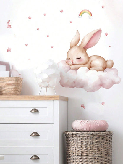 2 Styles Castle Rabbit Rainbow Cloud Wall Stickers, Removable Self-Adhesive Wall Decor, Home Decoration, Girls Nursery Bedroom Baby Shower Decoration