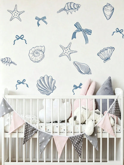 2 Styles Nursery Kids Room Wall Decals, Ocean Sea Animals & Shell Bow Stickers, Home Wall Art Decor For Baby Boys Girls Bedroom