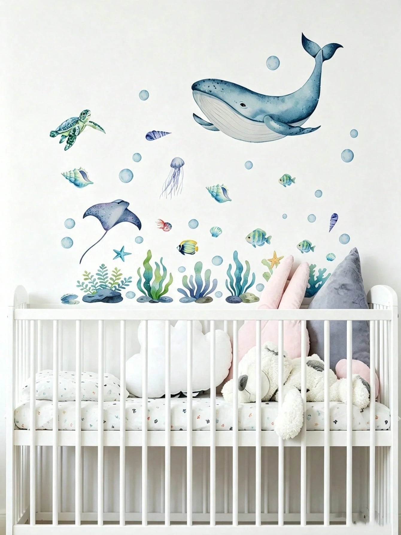 2 Styles Nursery Kids Room Wall Decals, Ocean Sea Animals & Shell Bow Stickers, Home Wall Art Decor For Baby Boys Girls Bedroom