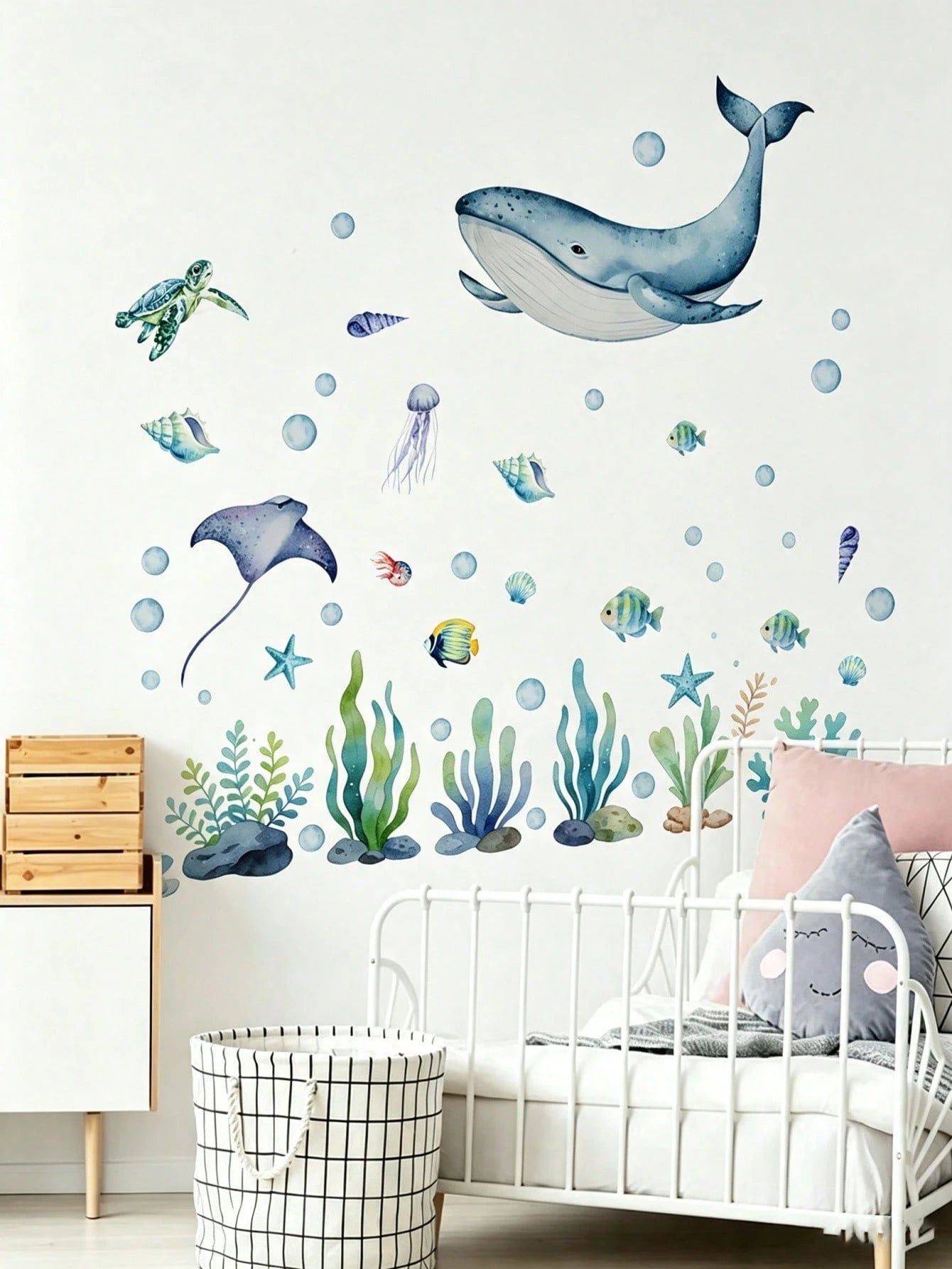 2 Styles Nursery Kids Room Wall Decals, Ocean Sea Animals & Shell Bow Stickers, Home Wall Art Decor For Baby Boys Girls Bedroom