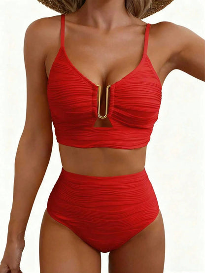 2025 Summer Beach Vacation Solid Color Ruffle Textured Hollow Out Ring Women Swimwear Bikini Set Two Pieces Swimwear