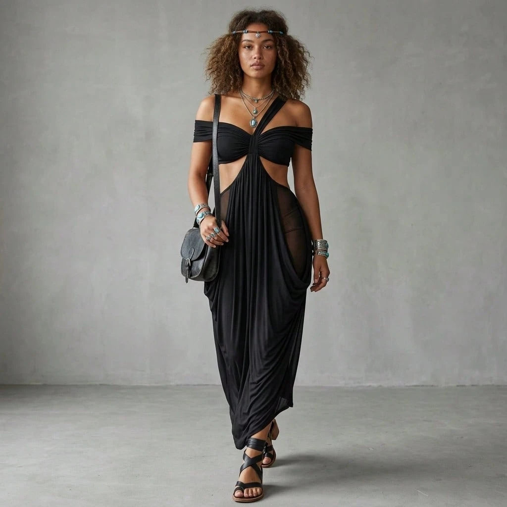 2025 Summer New Fashion Women's Sexy Strapless Slim-Fit Solid Color Sheer Mesh Dress