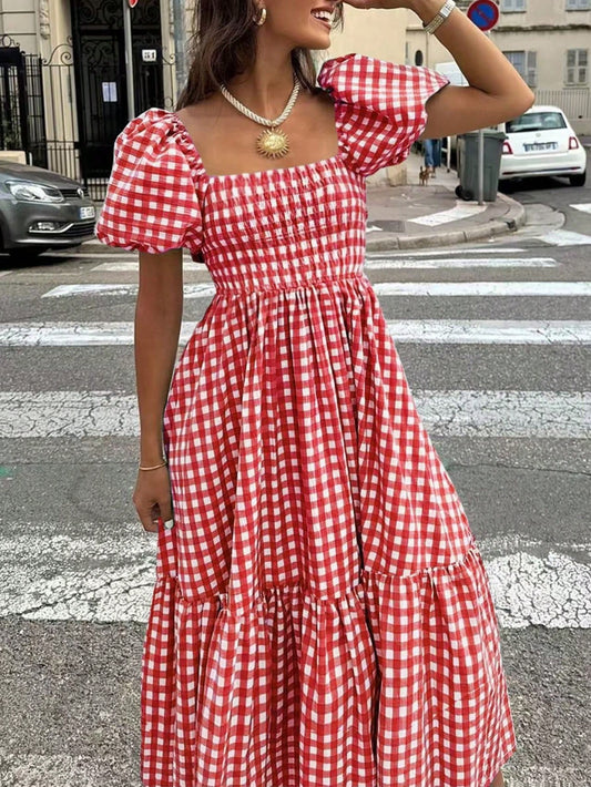 2026 Autumn Women's Plaid Elegant Bohemian Casual Elegant Outing Date Holiday Waist-Cinching Puff Sleeve Ruffle Pleated Dress, Birthday Outfit Red