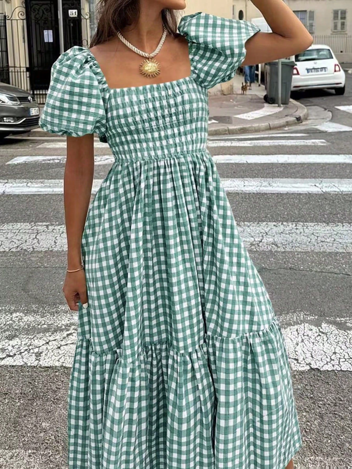 2026 Autumn Women's Plaid Elegant Bohemian Casual Elegant Outing Date Holiday Waist-Cinched Puff Sleeve Ruffle Pleated Dress, Birthday Outfit Summer