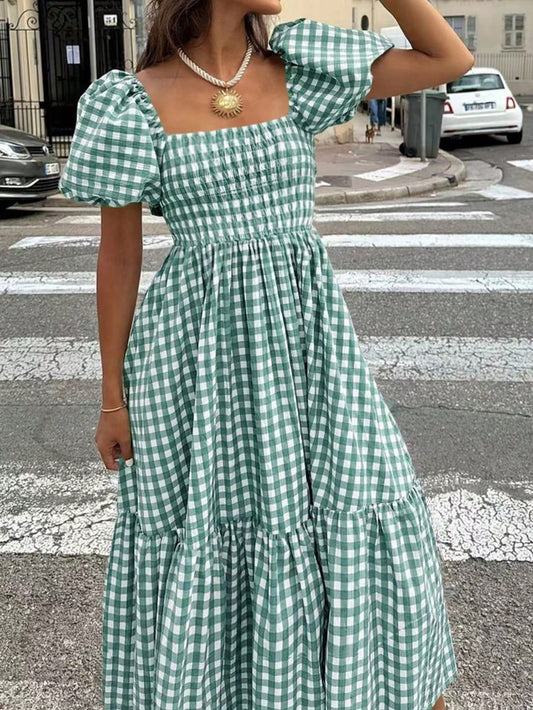 2026 Autumn Women's Plaid Elegant Bohemian Casual Elegant Outing Date Holiday Waist-Cinched Puff Sleeve Ruffle Pleated Dress, Birthday Outfit Summer
