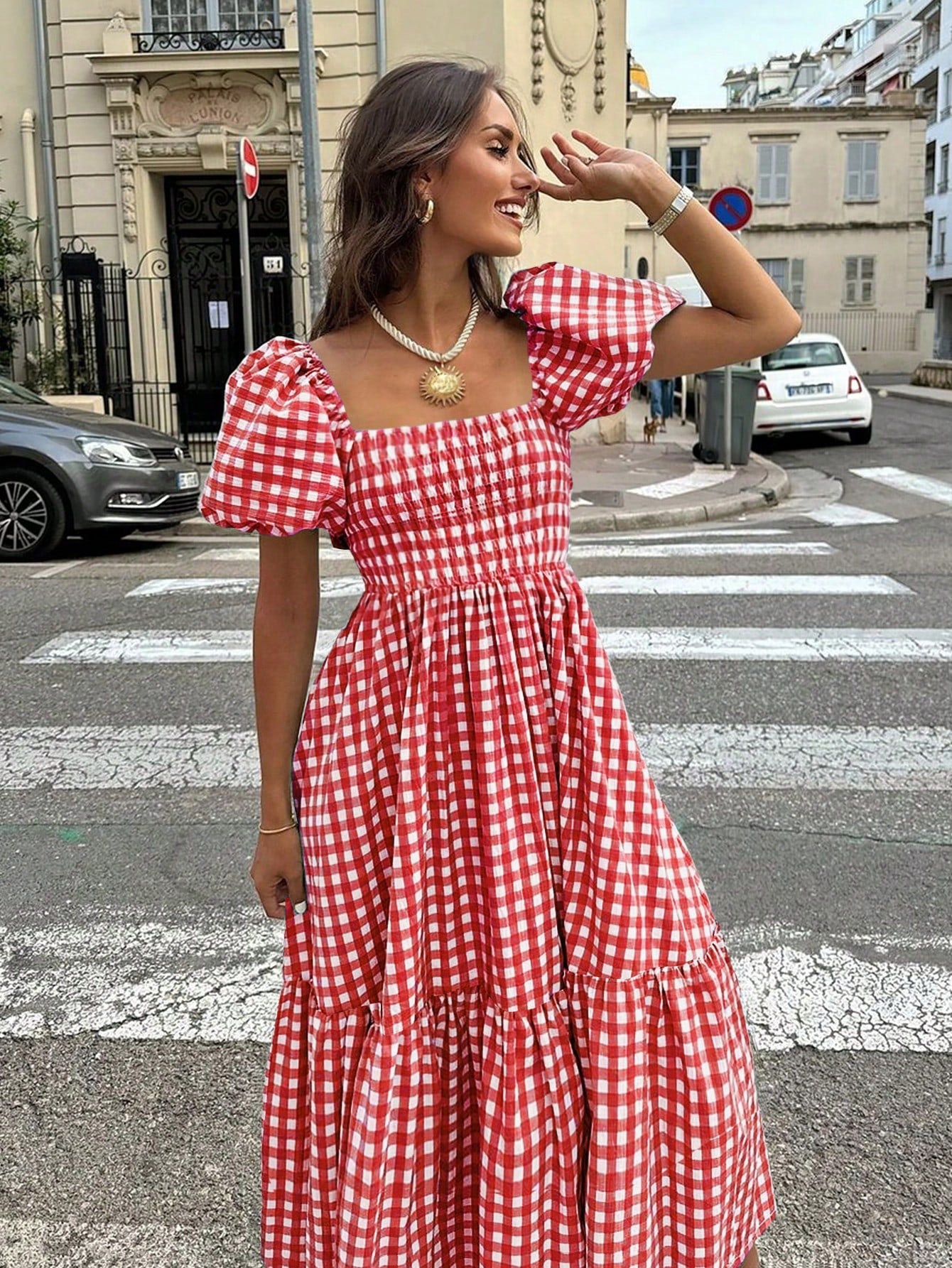 2026 Autumn Women's Plaid Elegant Bohemian Casual Elegant Outing Date Holiday Waist-Cinching Puff Sleeve Ruffle Pleated Dress, Birthday Outfit Red
