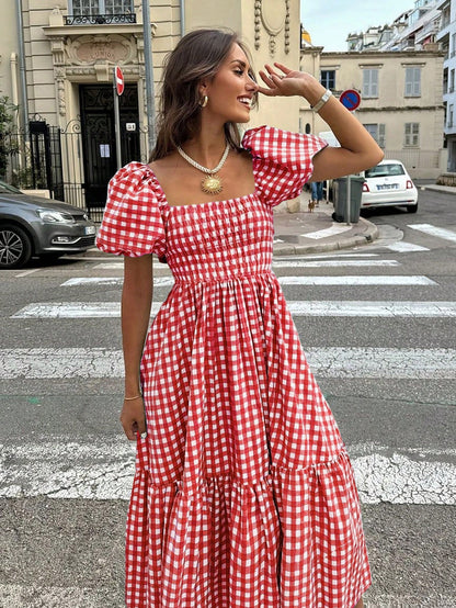 2026 Autumn Women's Plaid Elegant Bohemian Casual Elegant Outing Date Holiday Waist-Cinching Puff Sleeve Ruffle Pleated Dress, Birthday Outfit Red