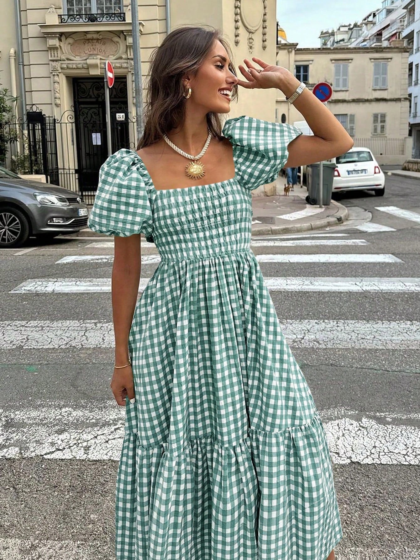 2026 Autumn Women's Plaid Elegant Bohemian Casual Elegant Outing Date Holiday Waist-Cinched Puff Sleeve Ruffle Pleated Dress, Birthday Outfit Summer