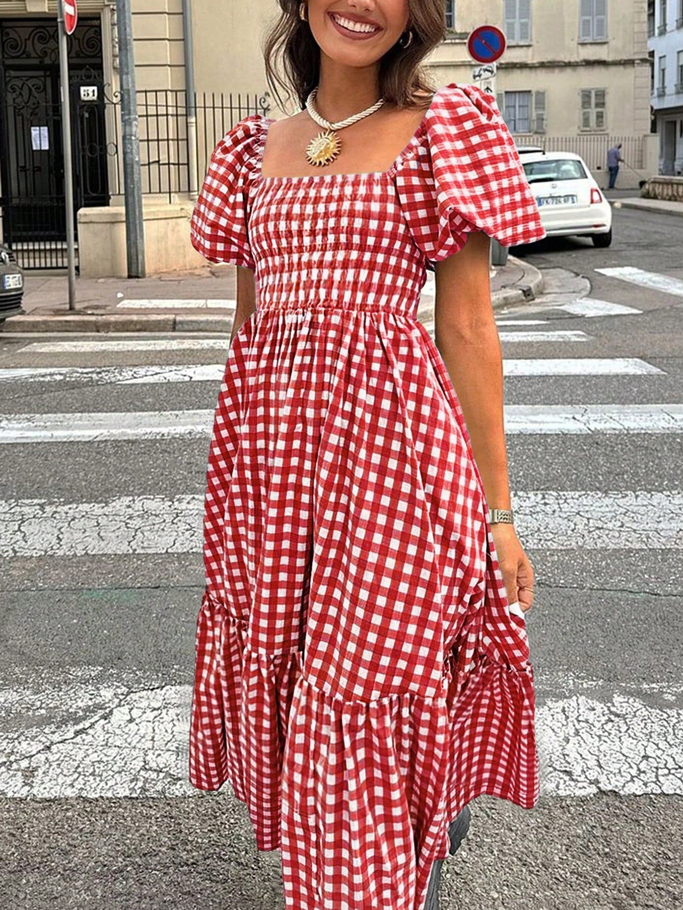 2026 Autumn Women's Plaid Elegant Bohemian Casual Elegant Outing Date Holiday Waist-Cinching Puff Sleeve Ruffle Pleated Dress, Birthday Outfit Red