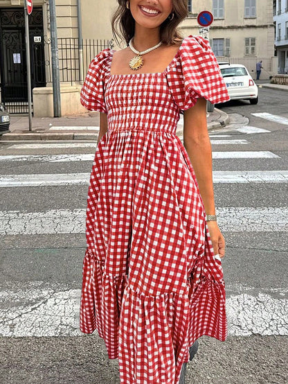 2026 Autumn Women's Plaid Elegant Bohemian Casual Elegant Outing Date Holiday Waist-Cinching Puff Sleeve Ruffle Pleated Dress, Birthday Outfit Red