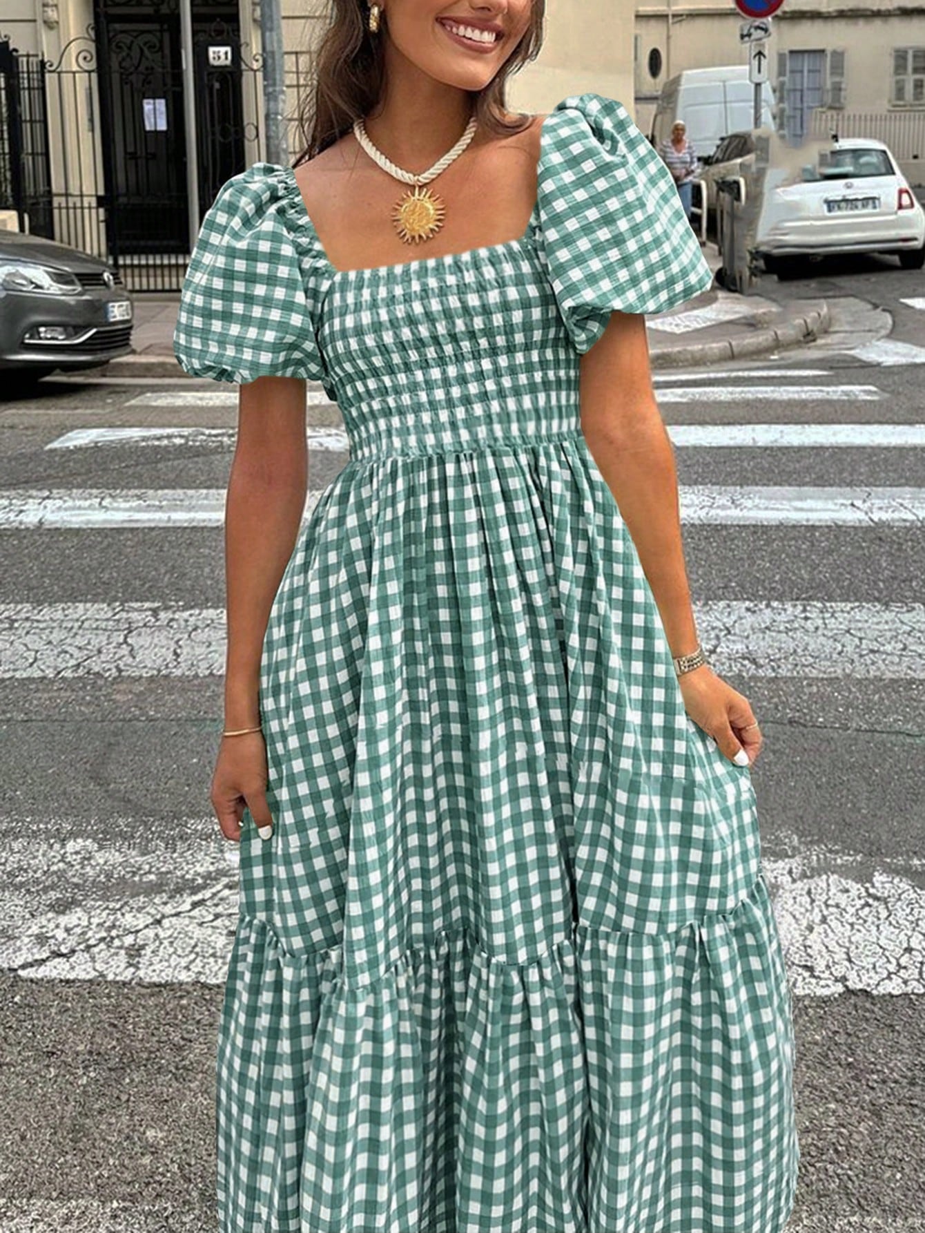 2026 Autumn Women's Plaid Elegant Bohemian Casual Elegant Outing Date Holiday Waist-Cinched Puff Sleeve Ruffle Pleated Dress, Birthday Outfit Summer
