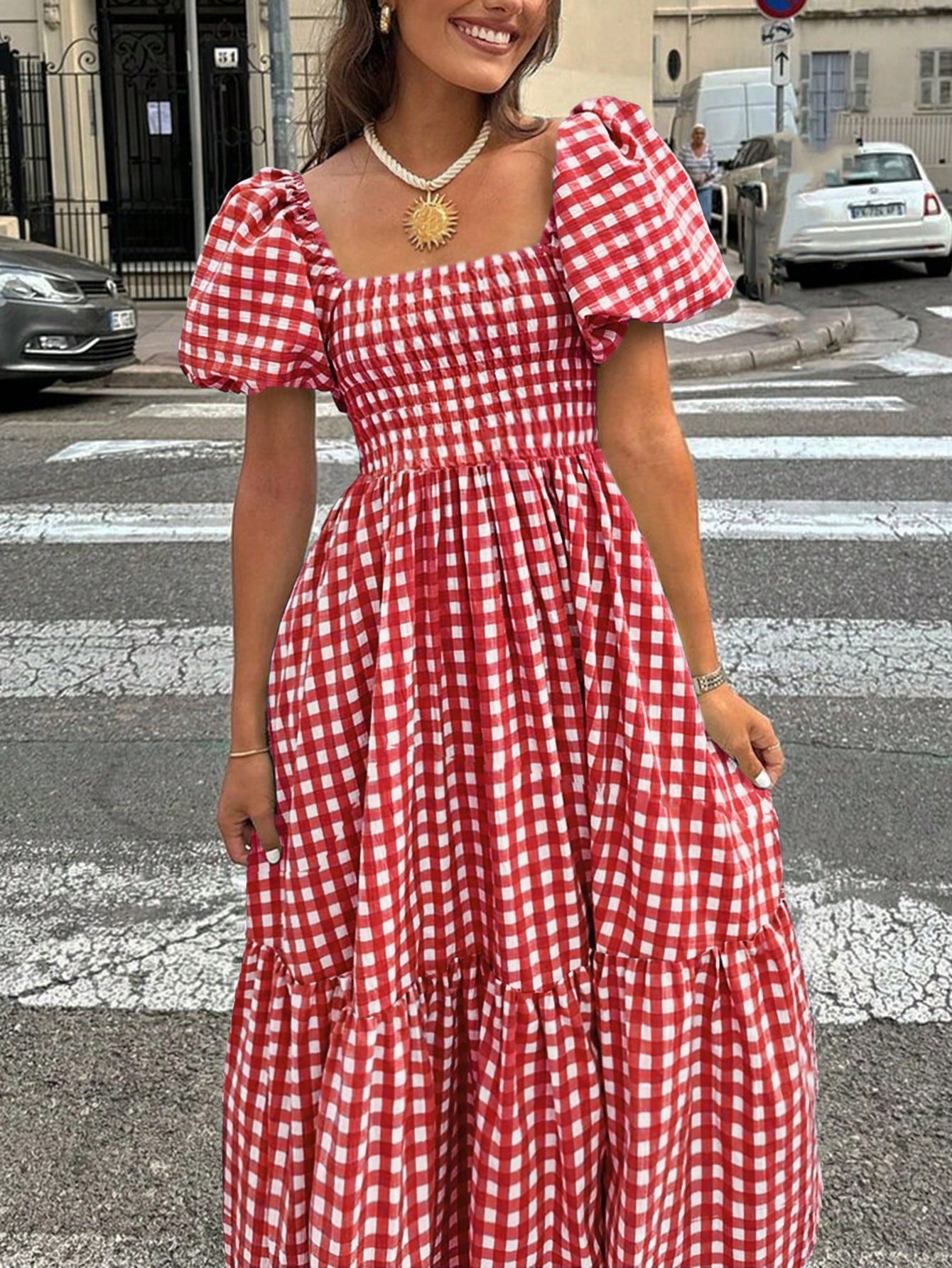 2026 Autumn Women's Plaid Elegant Bohemian Casual Elegant Outing Date Holiday Waist-Cinching Puff Sleeve Ruffle Pleated Dress, Birthday Outfit Red