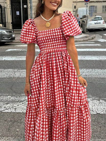 2026 Autumn Women's Plaid Elegant Bohemian Casual Elegant Outing Date Holiday Waist-Cinching Puff Sleeve Ruffle Pleated Dress, Birthday Outfit Red