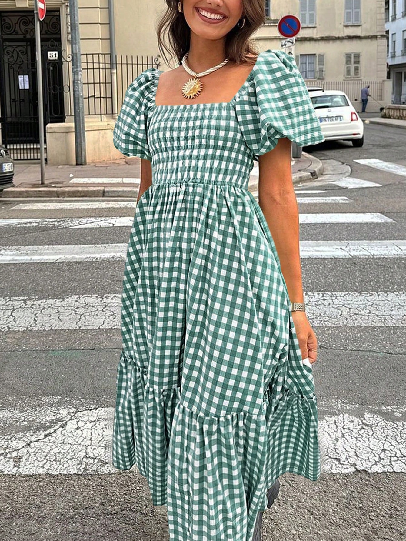 2026 Autumn Women's Plaid Elegant Bohemian Casual Elegant Outing Date Holiday Waist-Cinched Puff Sleeve Ruffle Pleated Dress, Birthday Outfit Summer