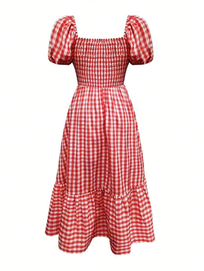 2026 Autumn Women's Plaid Elegant Bohemian Casual Elegant Outing Date Holiday Waist-Cinching Puff Sleeve Ruffle Pleated Dress, Birthday Outfit Red