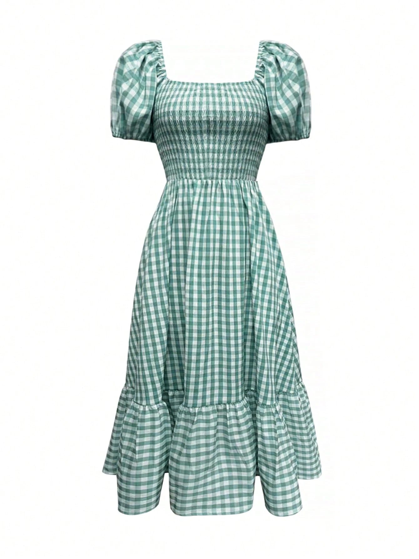 2026 Autumn Women's Plaid Elegant Bohemian Casual Elegant Outing Date Holiday Waist-Cinched Puff Sleeve Ruffle Pleated Dress, Birthday Outfit Summer
