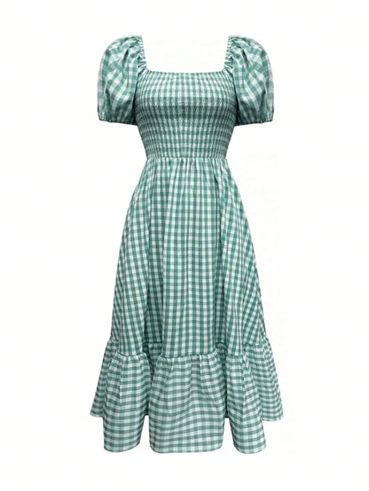 2026 Autumn Women's Plaid Elegant Bohemian Casual Elegant Outing Date Holiday Waist-Cinched Puff Sleeve Ruffle Pleated Dress, Birthday Outfit Summer