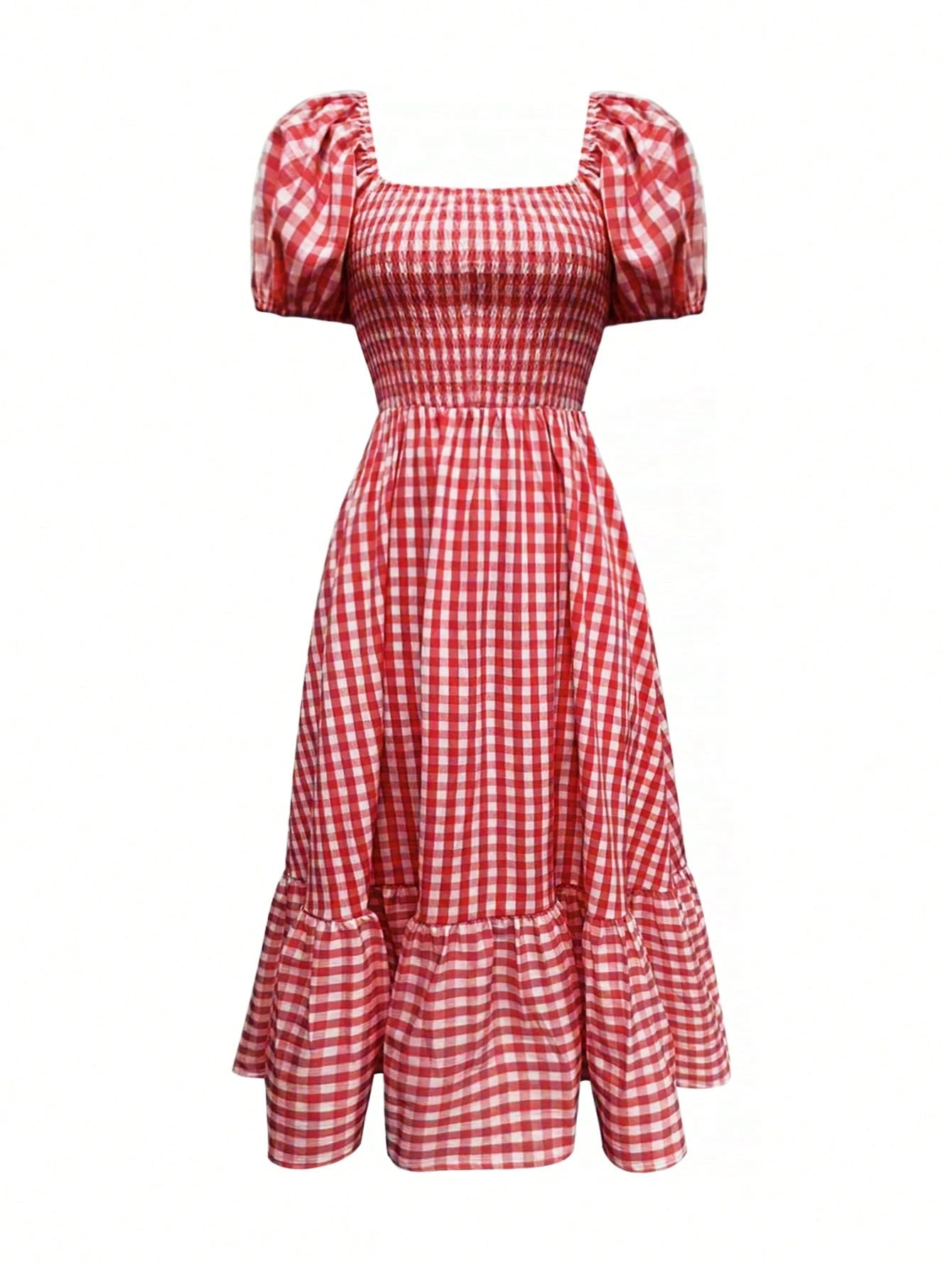 2026 Autumn Women's Plaid Elegant Bohemian Casual Elegant Outing Date Holiday Waist-Cinching Puff Sleeve Ruffle Pleated Dress, Birthday Outfit Red