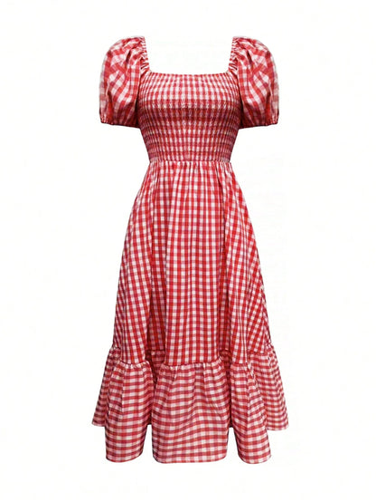 2026 Autumn Women's Plaid Elegant Bohemian Casual Elegant Outing Date Holiday Waist-Cinching Puff Sleeve Ruffle Pleated Dress, Birthday Outfit Red