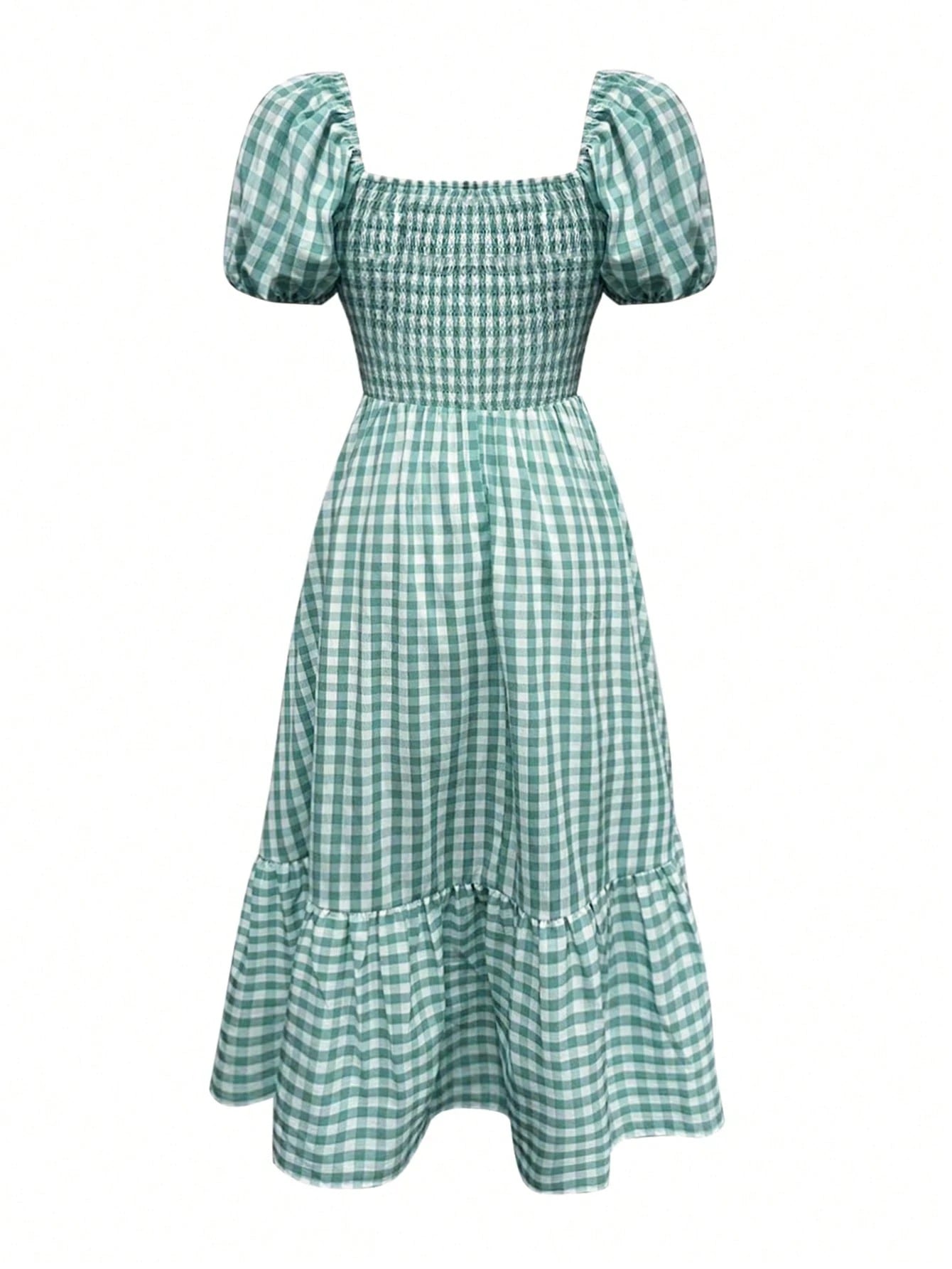 2026 Autumn Women's Plaid Elegant Bohemian Casual Elegant Outing Date Holiday Waist-Cinched Puff Sleeve Ruffle Pleated Dress, Birthday Outfit Summer