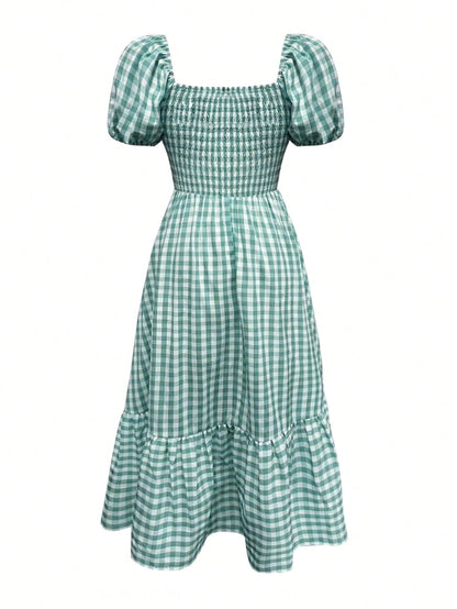 2026 Autumn Women's Plaid Elegant Bohemian Casual Elegant Outing Date Holiday Waist-Cinched Puff Sleeve Ruffle Pleated Dress, Birthday Outfit Summer