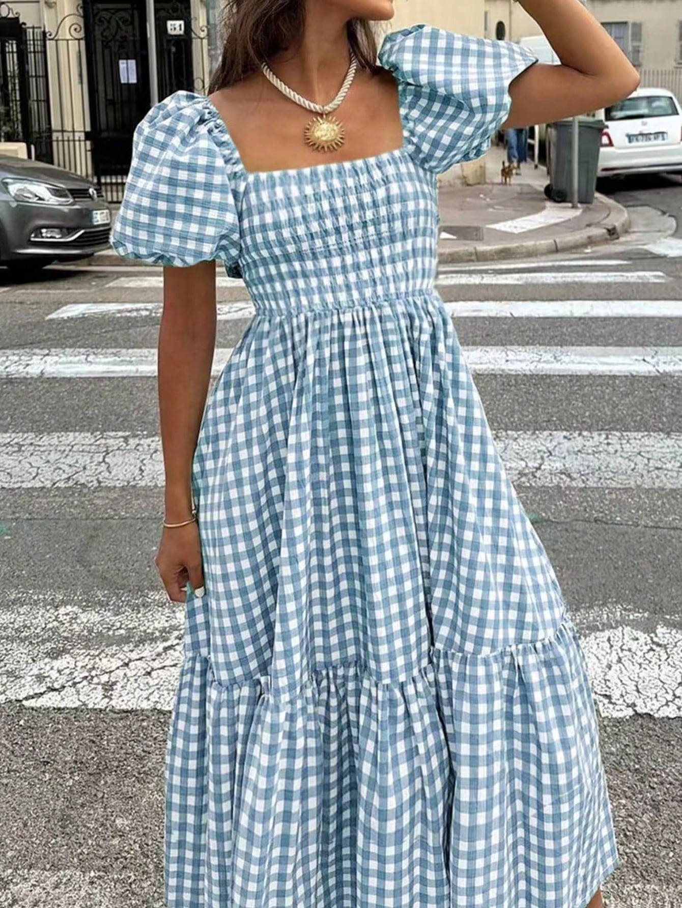 2026 Autumn Women's Plaid Elegant Bohemian Casual Elegant Outing Date Holiday Waist-Cinching Puff Sleeve Ruffle Pleated Dress, Birthday Outfit Red