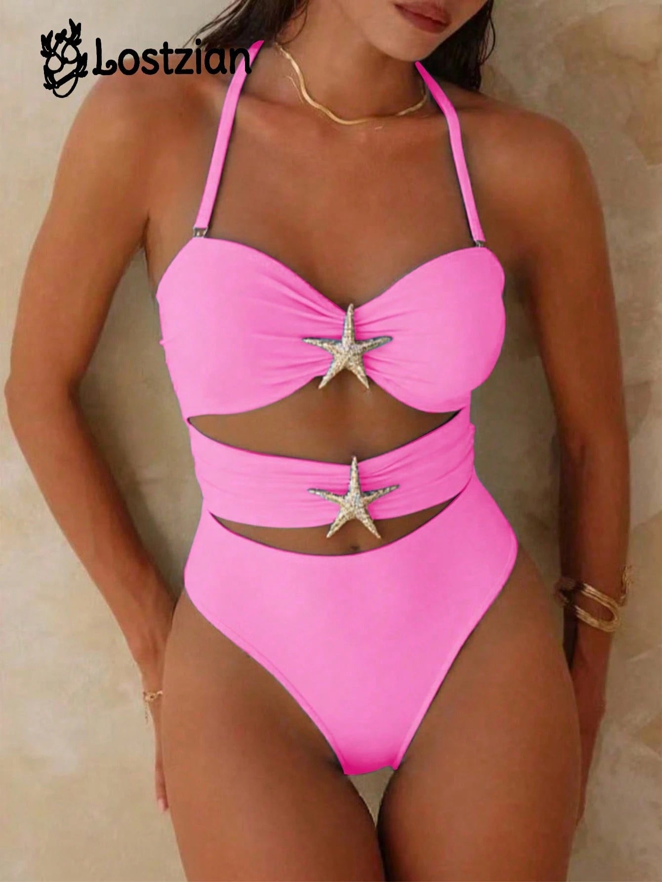 2026 European And American New Hot-Selling Summer Influencer Elegant Swimsuit, Halter Neck Beach Holiday Casual Outfit Vacation Pink