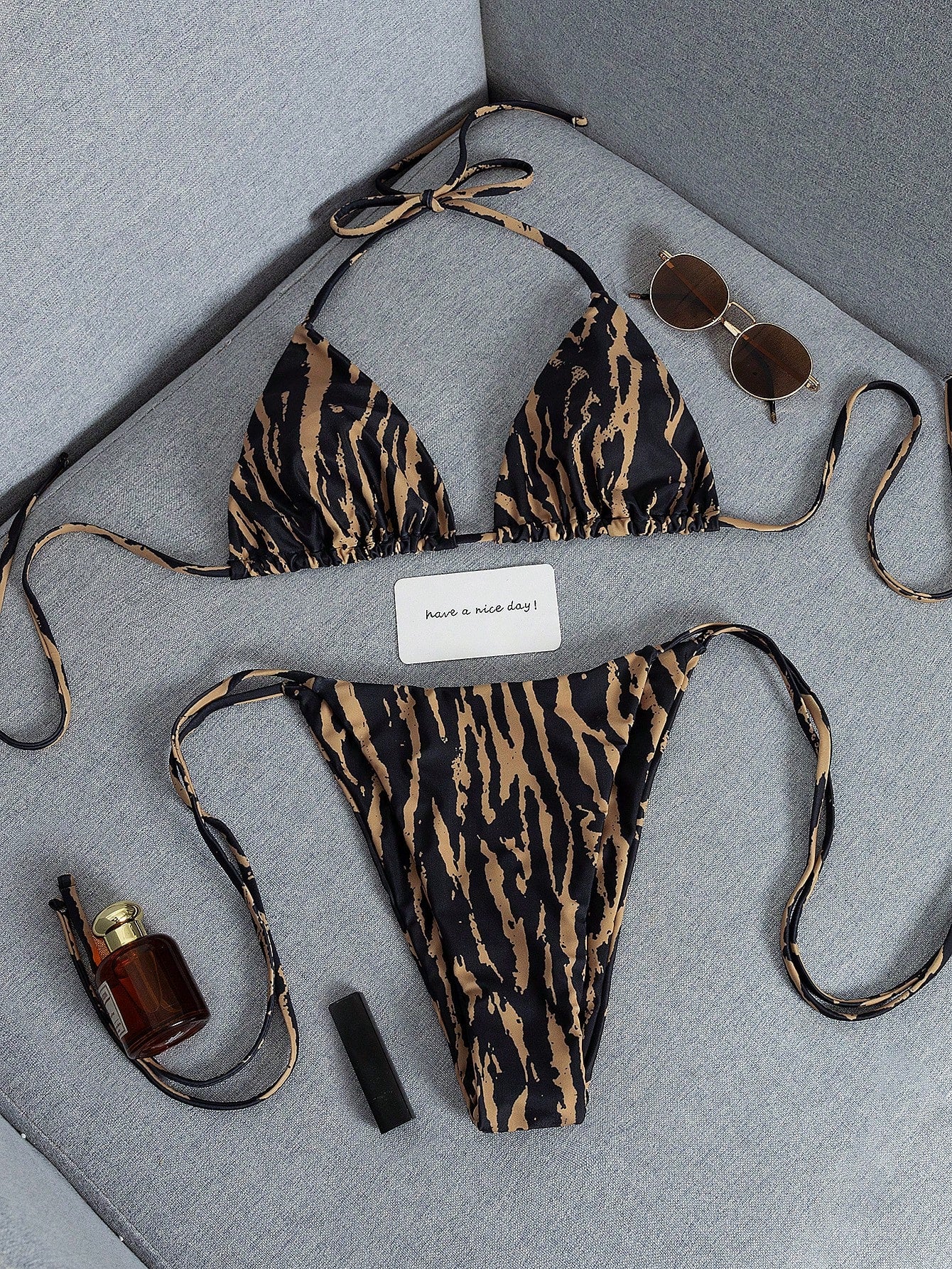 2026 Fashion Sexy Faux Wood Grain Personalized Print Women's Bikini Swimsuit 2-Piece Set, Cute Outfit For Summer Beach Vacation And Pool Party