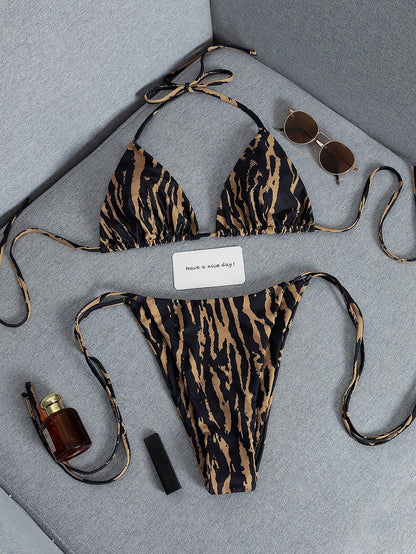 2026 Fashion Sexy Faux Wood Grain Personalized Print Women's Bikini Swimsuit 2-Piece Set, Cute Outfit For Summer Beach Vacation And Pool Party