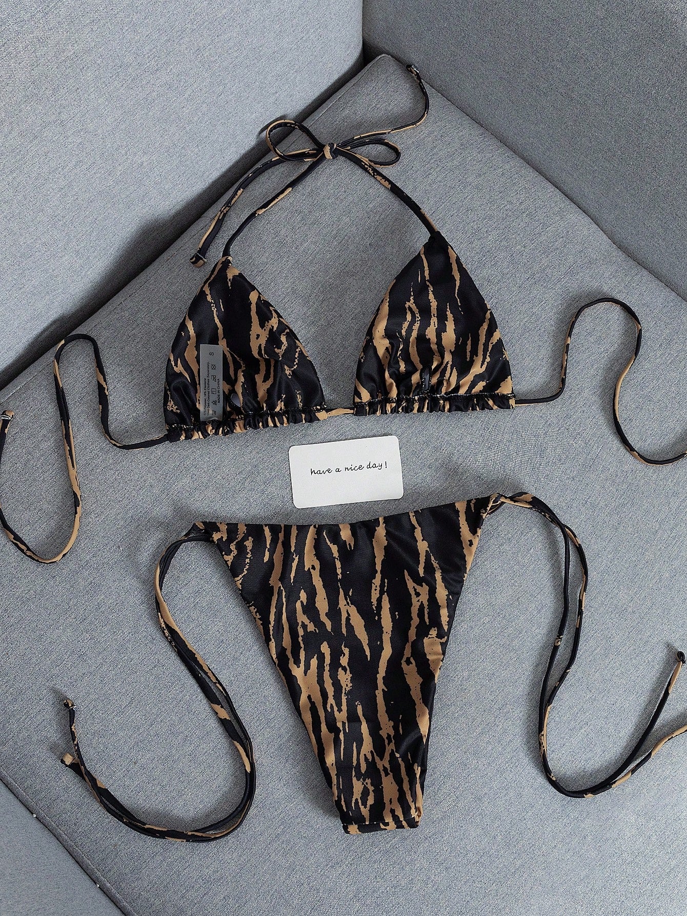 2026 Fashion Sexy Faux Wood Grain Personalized Print Women's Bikini Swimsuit 2-Piece Set, Cute Outfit For Summer Beach Vacation And Pool Party