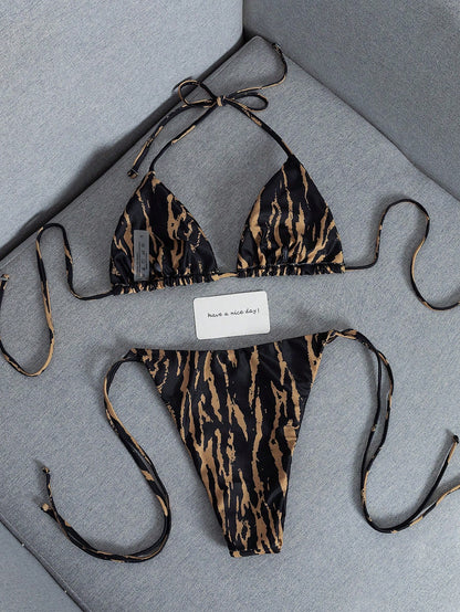 2026 Fashion Sexy Faux Wood Grain Personalized Print Women's Bikini Swimsuit 2-Piece Set, Cute Outfit For Summer Beach Vacation And Pool Party