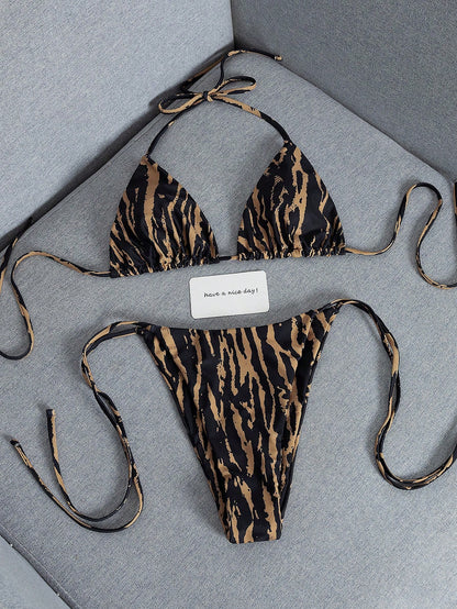 2026 Fashion Sexy Faux Wood Grain Personalized Print Women's Bikini Swimsuit 2-Piece Set, Cute Outfit For Summer Beach Vacation And Pool Party