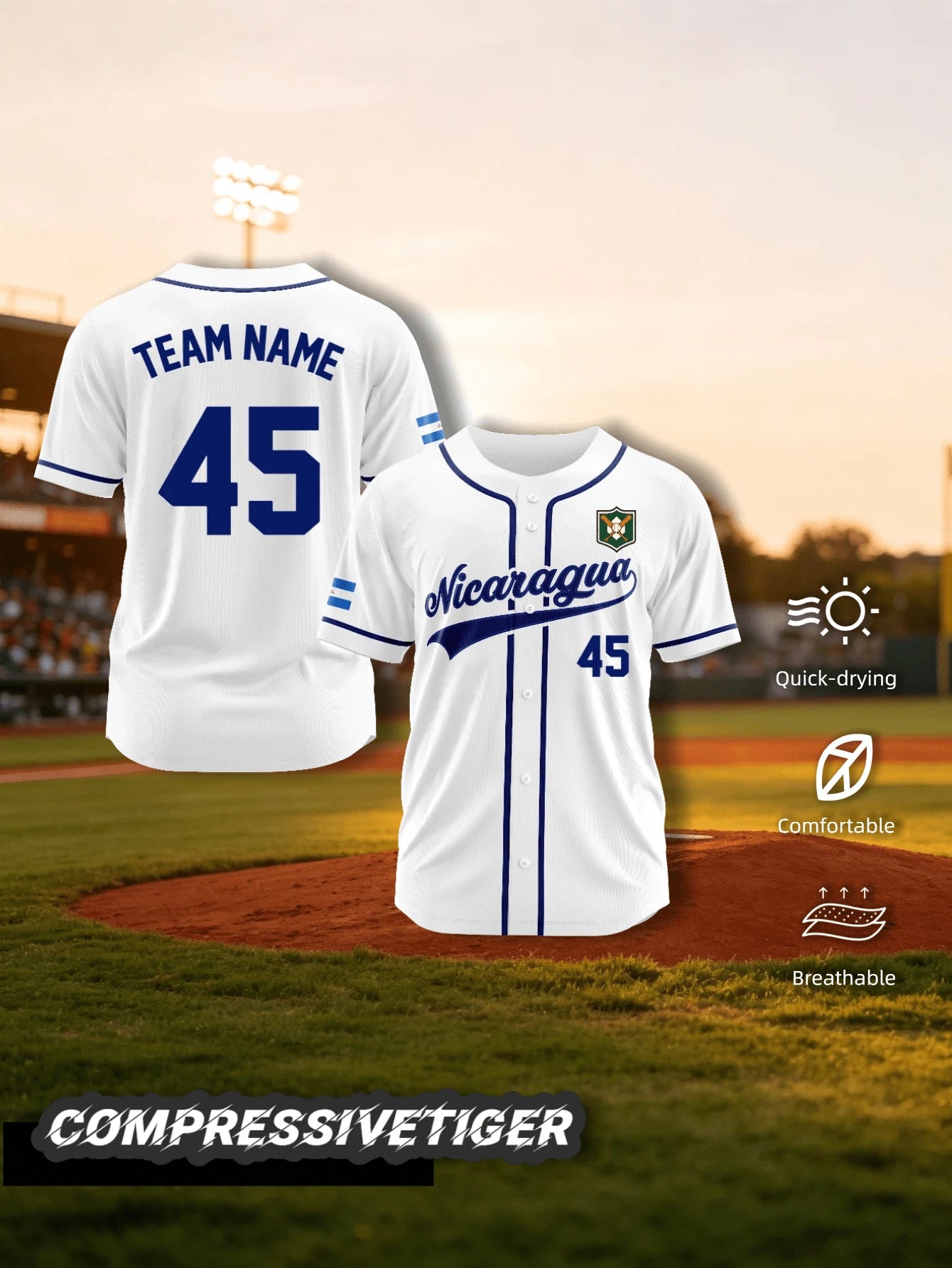 2026 Home Blue & White Colorblock Short Sleeve Baseball Cardigan, Fully Customizable, Replaceable Team Name On Chest, Interchangeable Number, Addable Logo Badge On Chest, Personalized Name & Number Pr