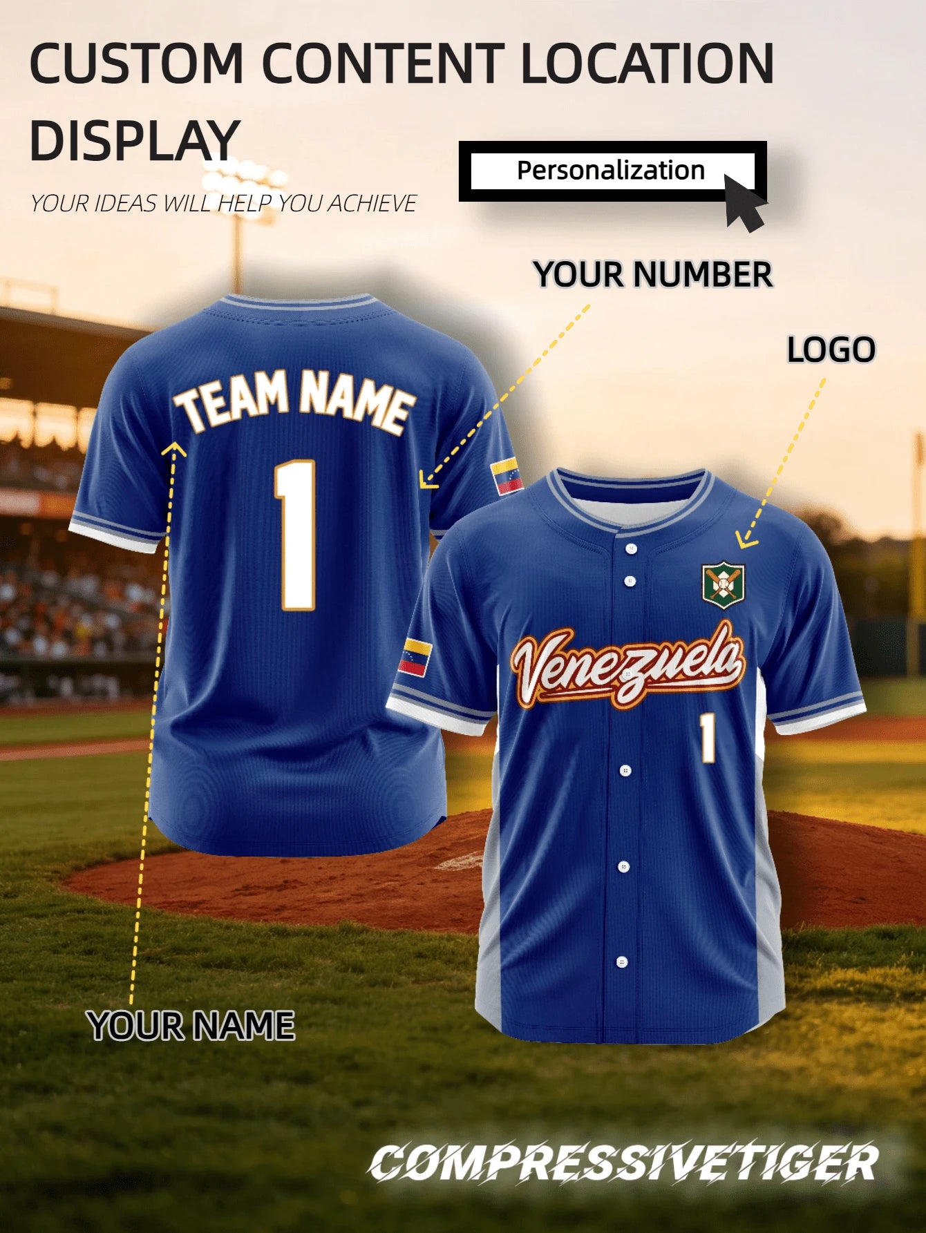 2026 Home Blue & White Colorblock Short Sleeve Baseball Cardigan, Fully Customizable, Replaceable Team Name On Chest, Interchangeable Number, Addable Logo Badge On Chest, Personalized Name & Number Pr