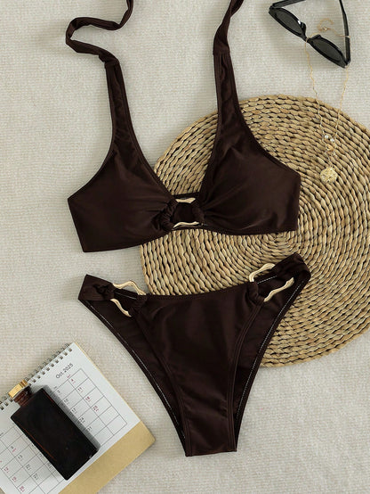 2026 New 2-Piece Solid Color Elegant Sexy Women's Bikini Set, Suitable For Summer Beach Vacation, Pool, Holiday Party Casual Swimwear, Resort Wear