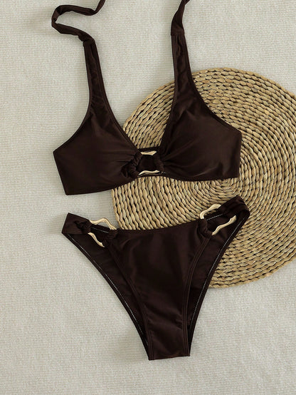 2026 New 2-Piece Solid Color Elegant Sexy Women's Bikini Set, Suitable For Summer Beach Vacation, Pool, Holiday Party Casual Swimwear, Resort Wear