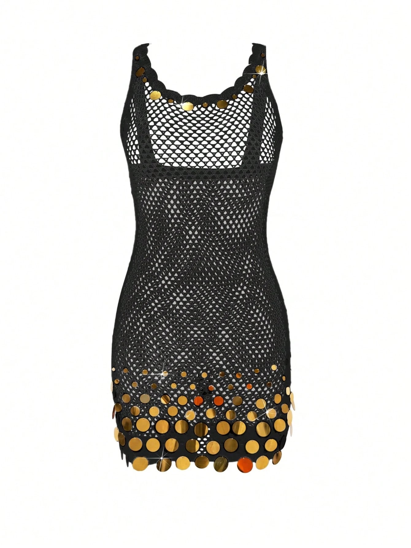 2026 New Arrival Women's Sexy Sequin Design Spaghetti Strap Hollow Sheer Beach Vacation Sleeveless Cover Up Mini Dress Summer Black, Resort Wear