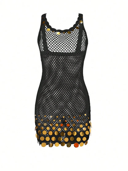 2026 New Arrival Women's Sexy Sequin Design Spaghetti Strap Hollow Sheer Beach Vacation Sleeveless Cover Up Mini Dress Summer Black, Resort Wear