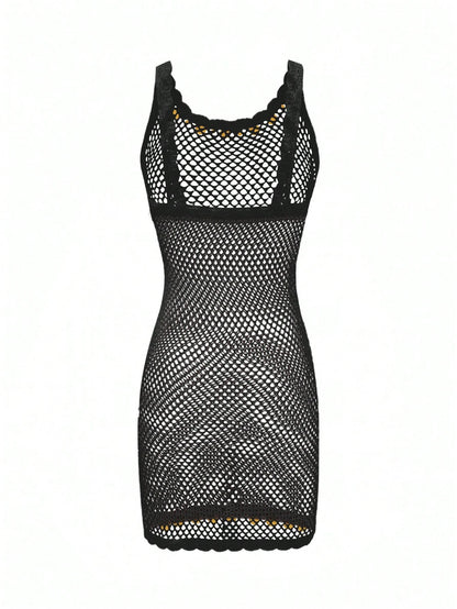 2026 New Arrival Women's Sexy Sequin Design Spaghetti Strap Hollow Sheer Beach Vacation Sleeveless Cover Up Mini Dress Summer Black, Resort Wear